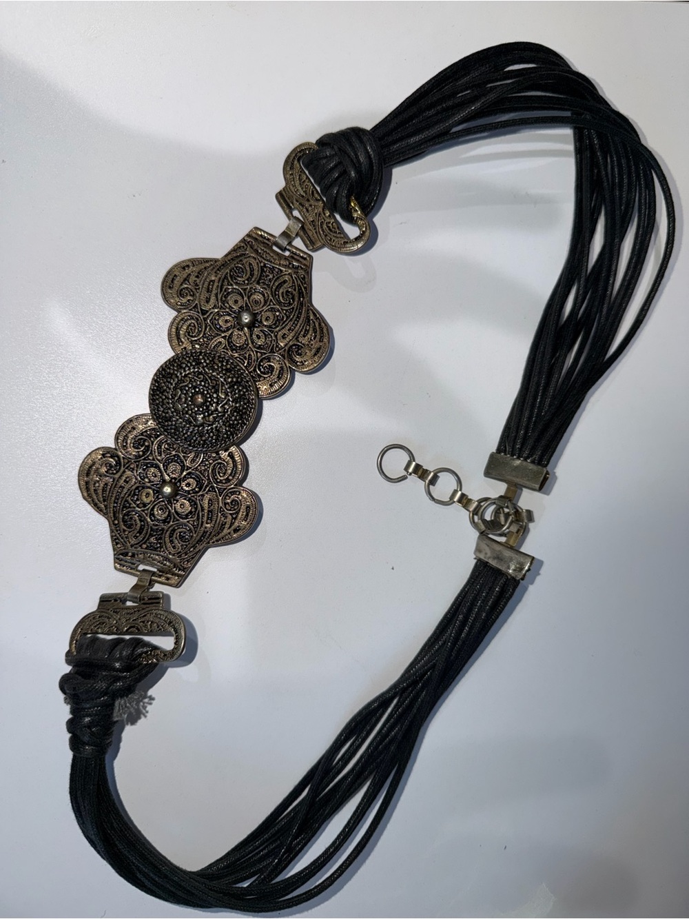 Vintage Belt Gold Floral Metal‎ Buckle Waxed Cotton Cord Boho Western Black